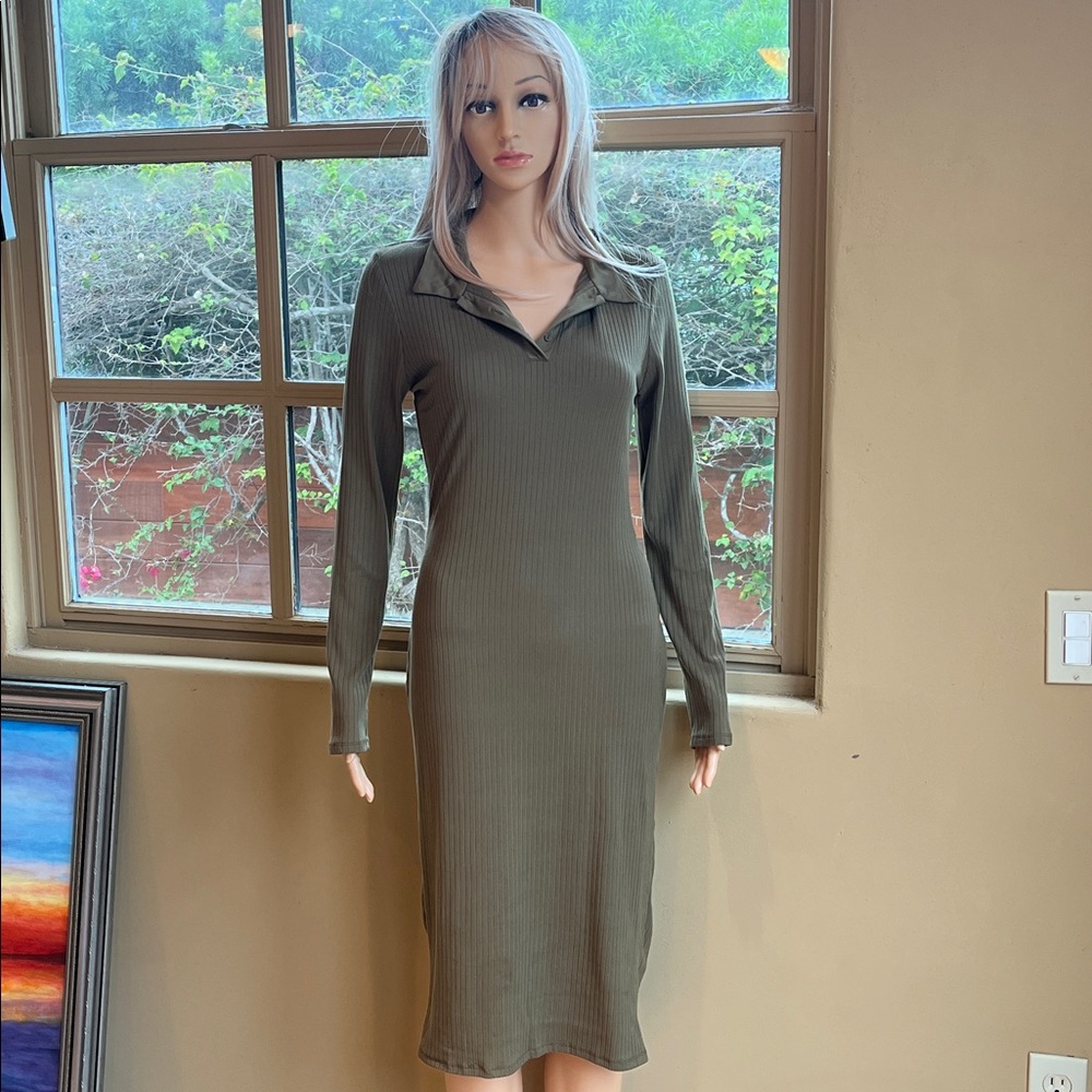 Olive green stretch ribbed knit midi dress